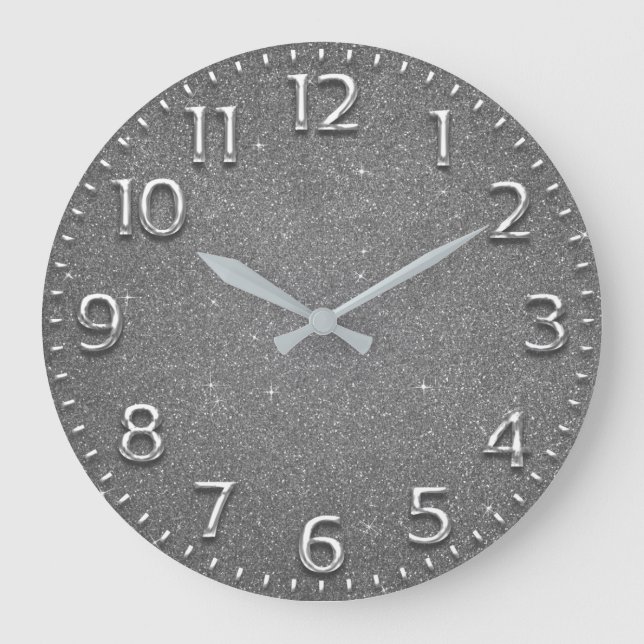 Glitter Arabic Number Metal Wine Grey Silver Lux Large Clock (Front)