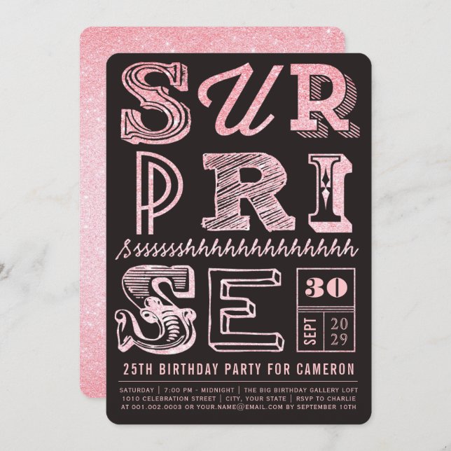 Glitter Art Deco Surprise Party Birthday Invite (Front/Back)