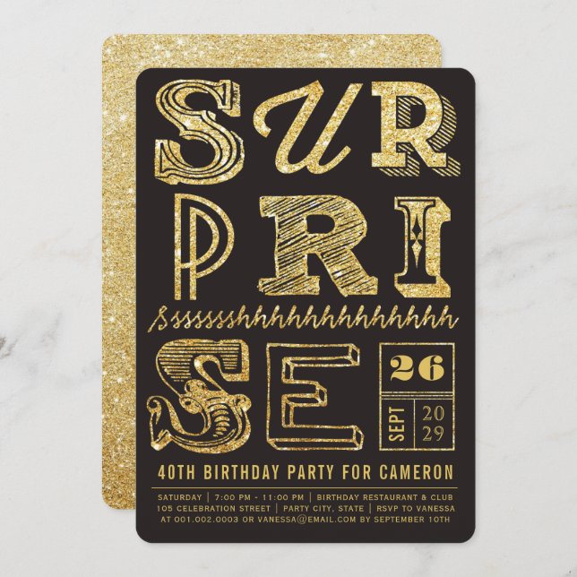 Glitter Art Deco Surprise Party Birthday Invite (Front/Back)