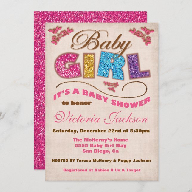 Glitter Baby Girl Vintage Baby Shower Invitations (Front/Back)
