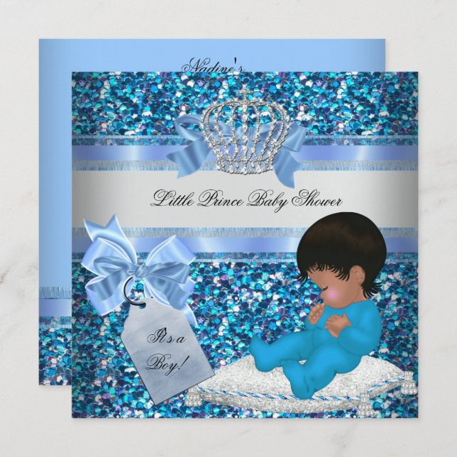 Glitter Baby Shower Boy Blue Little Prince Crown 2 Invitation (Front/Back)