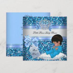 Glitter Baby Shower Boy Blue Little Prince Crown 2 Invitation
