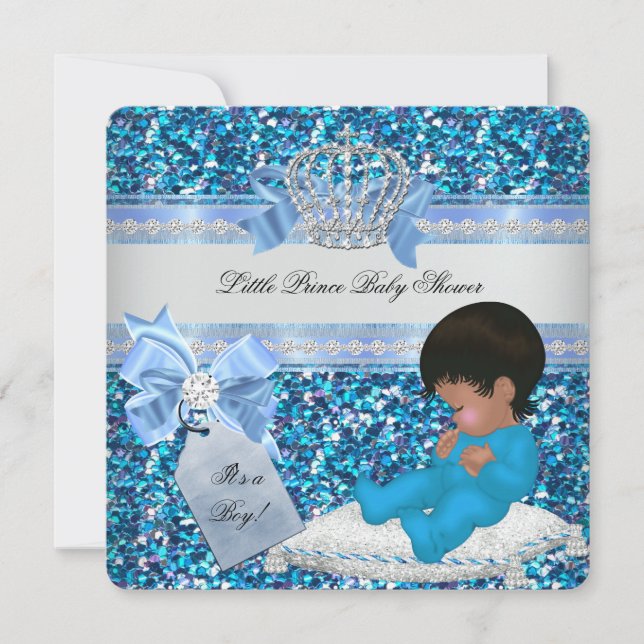 Glitter Baby Shower Boy Blue Little Prince Crown 3 Invitation (Front)