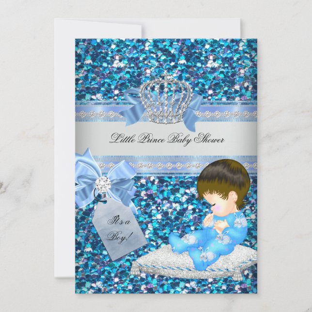 Glitter Baby Shower Boy Blue Little Prince Crown 4 Invitation (Front)