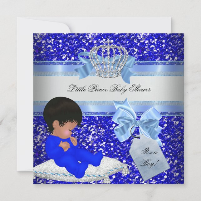 Glitter Baby Shower Boy Blue Little Prince Crown 4 Invitation (Front)
