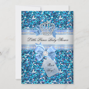 Glitter Baby Shower Boy Blue Little Prince Crown 5 Invitation