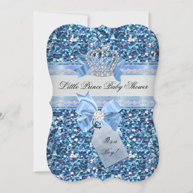 Glitter Baby Shower Boy Blue Little Prince Crown 5 Invitation (Front)