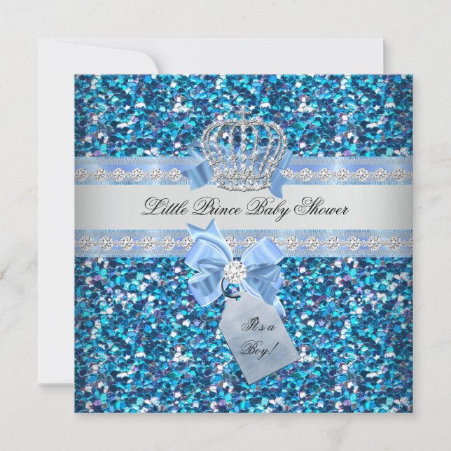 Glitter Baby Shower Boy Blue Little Prince Crown 5 Invitation (Front)