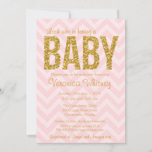 Glitter Baby Shower Invitation, Gold Pink Chevron Invitation