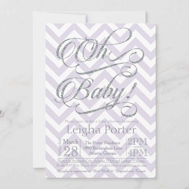 Glitter Baby Shower Invitation Silver Purple lilac (Front)