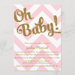 Glitter Baby Shower Invitation with Pink Chevron
