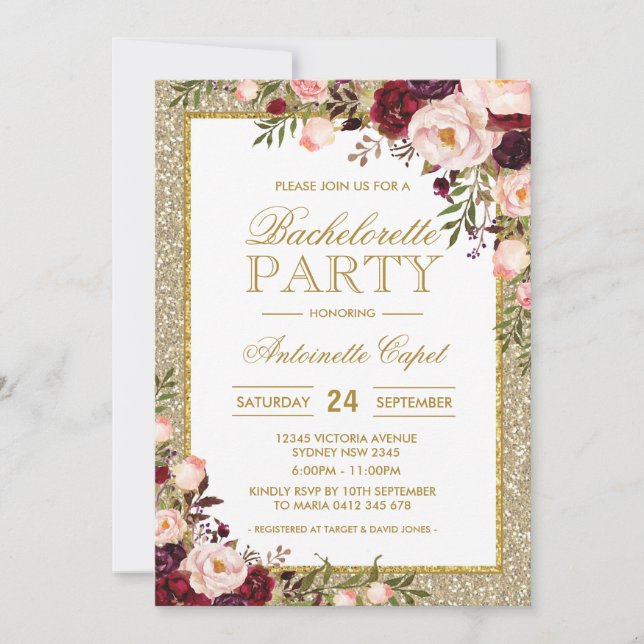 Glitter Bachelorette Party Burgundy Floral Invite (Front)