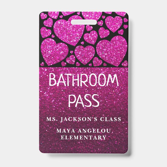 Glitter Back To School Hearts Bathroom Hall Pass ID Badge (Front)