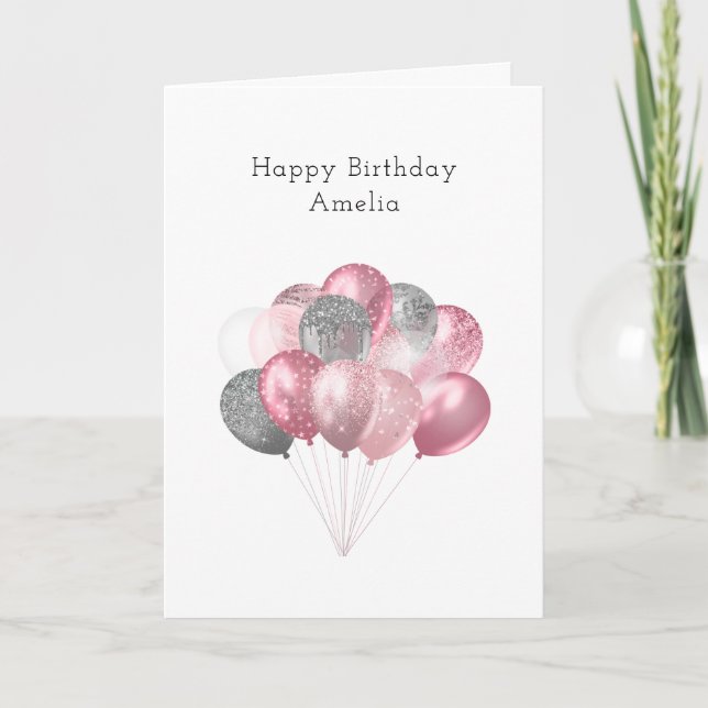 Glitter Balloon Bunch Pink and Silver Birthday Card (Front)