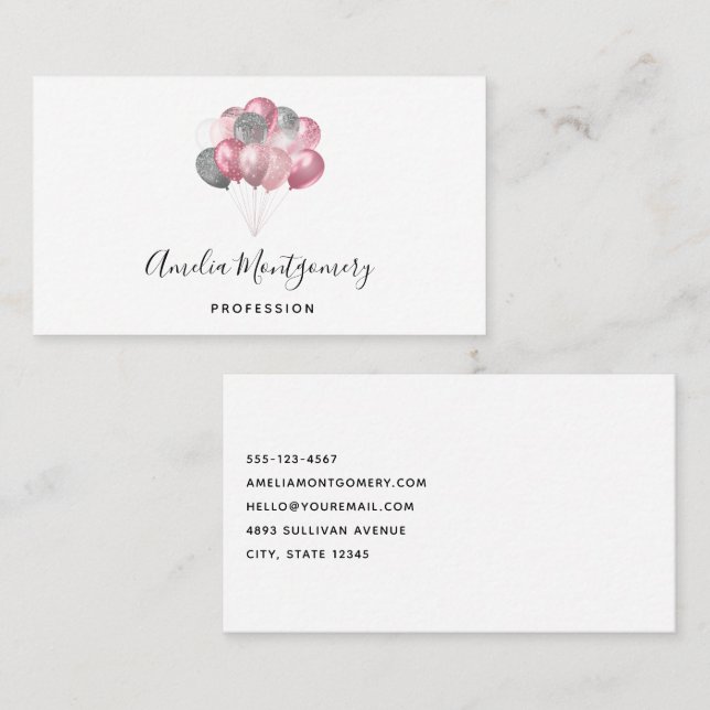 Glitter Balloon Bunch Pink and Silver Business Card (Front/Back)