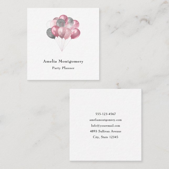 Glitter Balloon Bunch Pink and Silver Square Business Card (Front/Back)