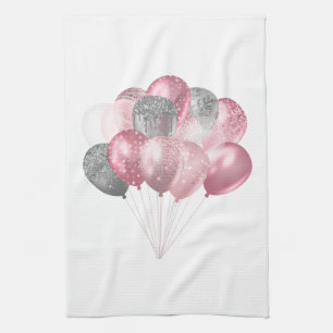 Glitter Balloon Bunch Pink and Silver Tea Towel