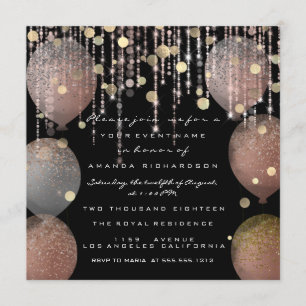 Glitter Balloon Rose Gold Bridal Sweet 16th Black Invitation