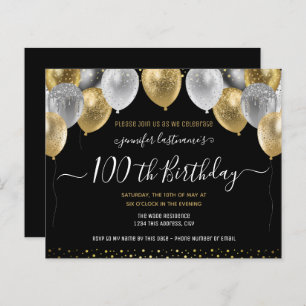 Glitter Balloons 100th Birthday Party Invitation