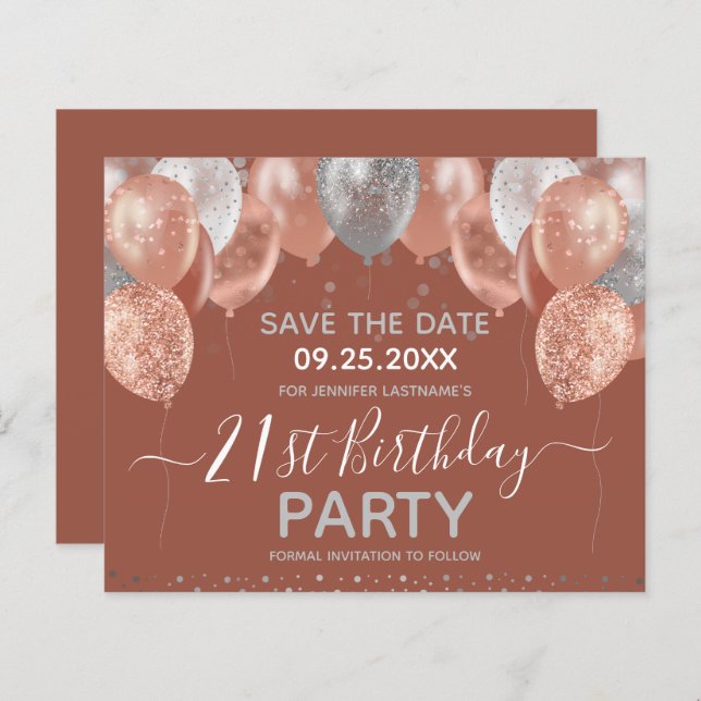 Glitter Balloons 21st Birthday Party Save the Date (Front/Back)