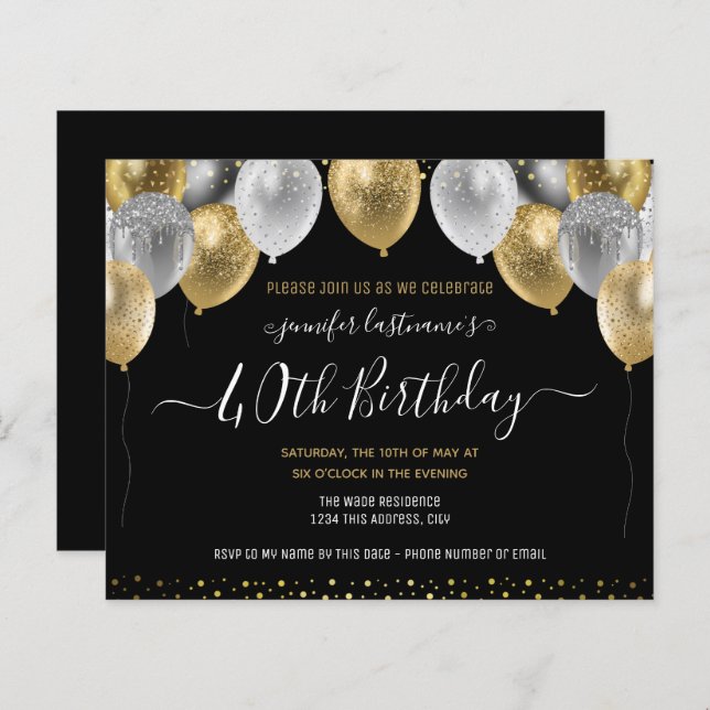 Glitter Balloons 40th Birthday Party Invitation (Front/Back)