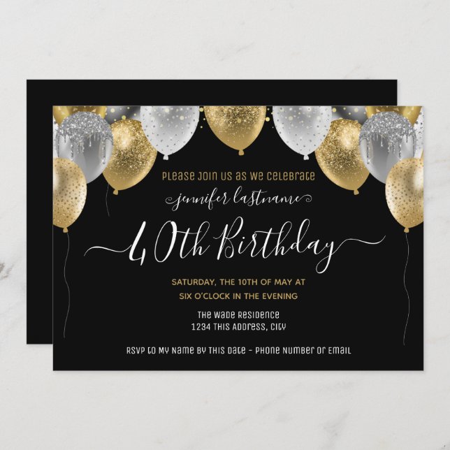 Glitter Balloons 40th Birthday Party Invitation (Front/Back)