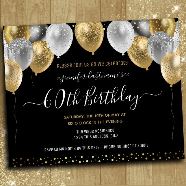 Glitter Balloons 60th Birthday Party Invitation (Creator Uploaded)