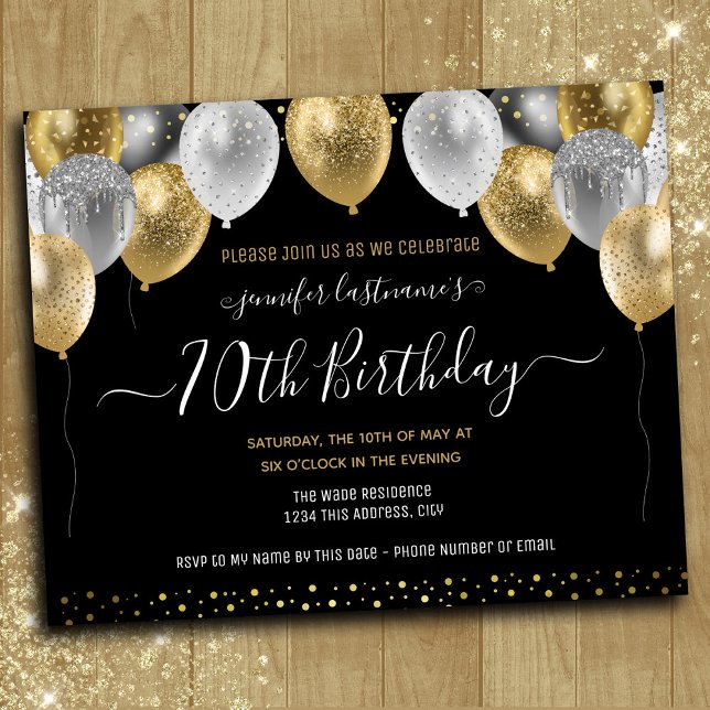 Glitter Balloons 70th Birthday Party Invitation (Creator Uploaded)