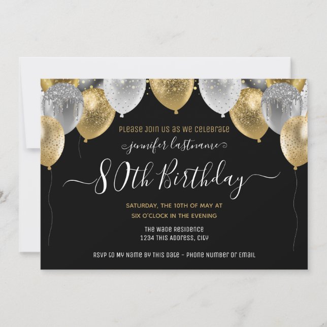 Glitter Balloons 80th Birthday Party Invitation (Front)