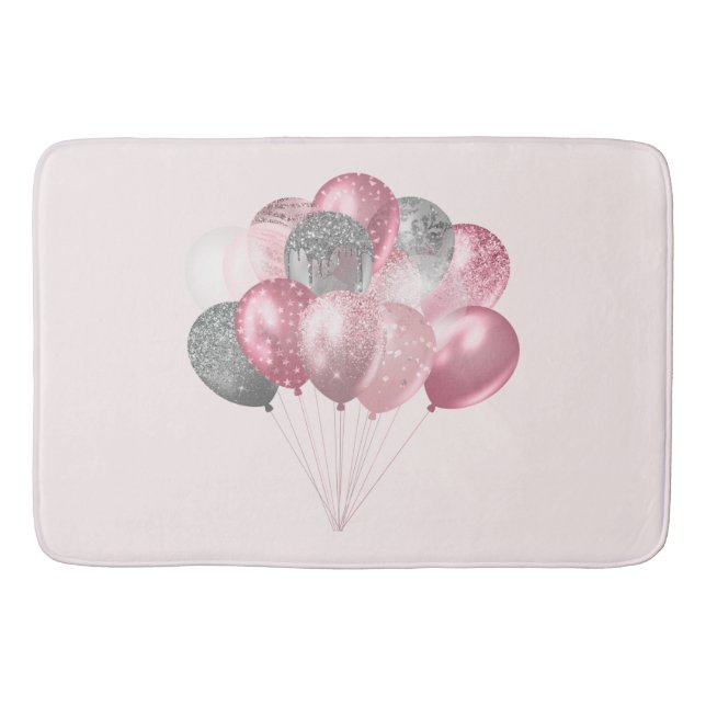 Glitter Balloons Pink and Silver Bath Mat (Front)