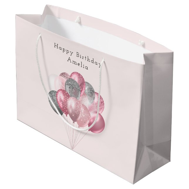 Glitter Balloons Pink and Silver Birthday Large Gift Bag (Back Angled)