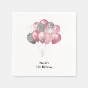 Glitter Balloons Pink and Silver Birthday Napkin
