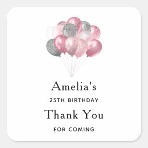 Glitter Balloons Pink and Silver - Birthday Square Sticker