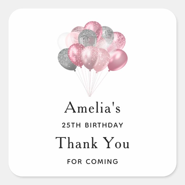 Glitter Balloons Pink and Silver - Birthday Square Sticker (Front)