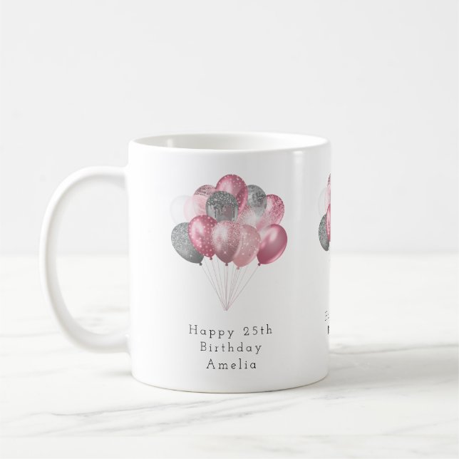 Glitter Balloons Pink and Silver Happy Birthday Coffee Mug (Left)