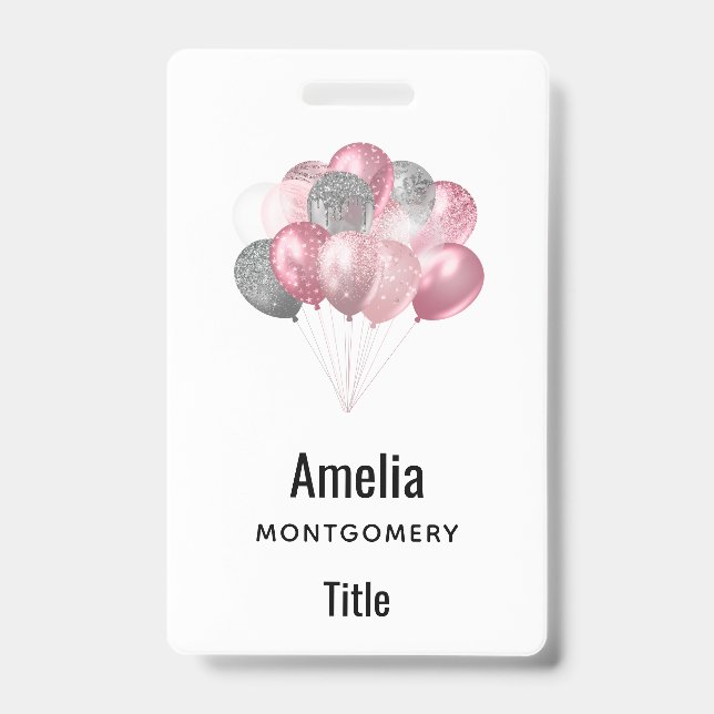 Glitter Balloons Pink and Silver ID Badge (Front)