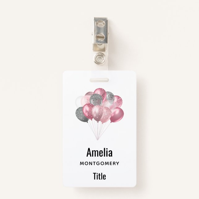 Glitter Balloons Pink and Silver ID Badge (Front with Clip)