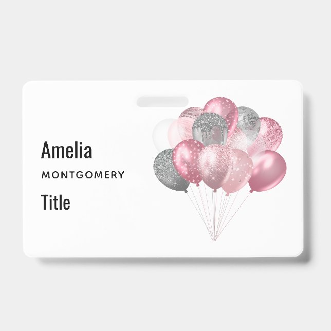 Glitter Balloons Pink and Silver ID Badge (Front)