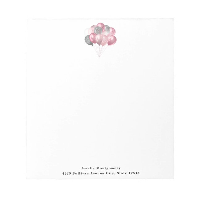Glitter Balloons Pink and Silver Notepad (Front)