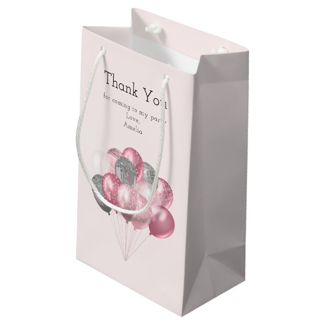 Glitter Balloons Pink & Silver Birthday Thank You Small Gift Bag (Back Angled)