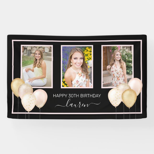 Glitter Balloons Three Photos Black 30th Birthday  Banner (Horizontal)