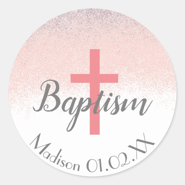 Glitter Baptism Cross Child's Name Classic Round Sticker (Front)