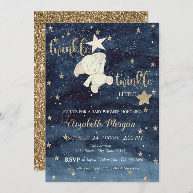 Glitter Bear Blue Twinkle Little Star Baby Shower Invitation (Front/Back)