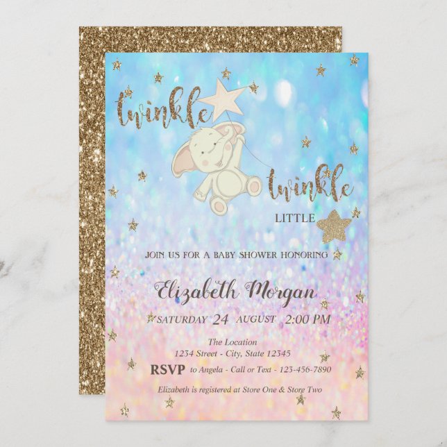 Glitter Bear Twinkle Little Star Bokeh Baby Shower Invitation (Front/Back)