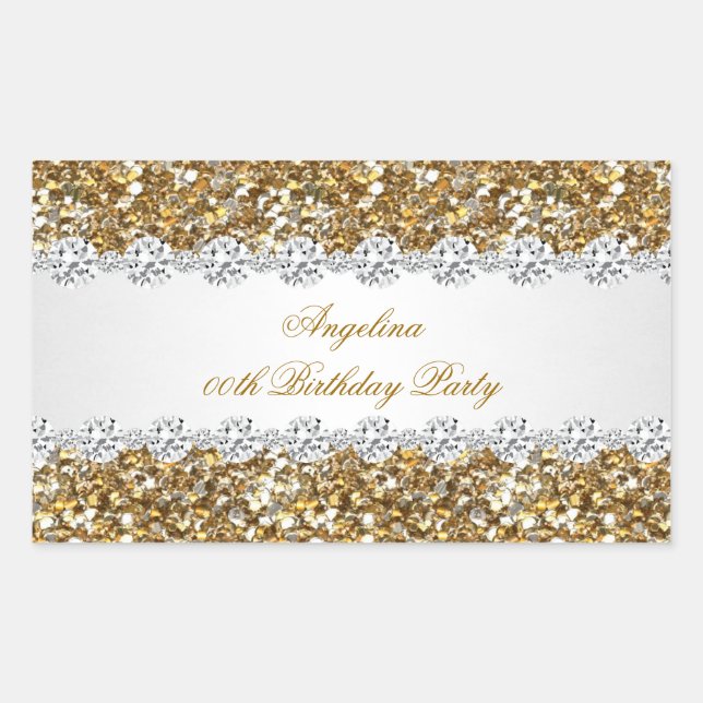 Glitter Birthday Party Gold Diamond Trim Any Age Rectangular Sticker (Front)