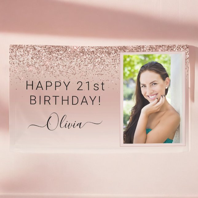 Glitter Birthday Photo Blush Pink Girly Rose Gold Banner (Creator Uploaded)