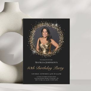 Glitter Black Gold 40th Birthday Party Invitation
