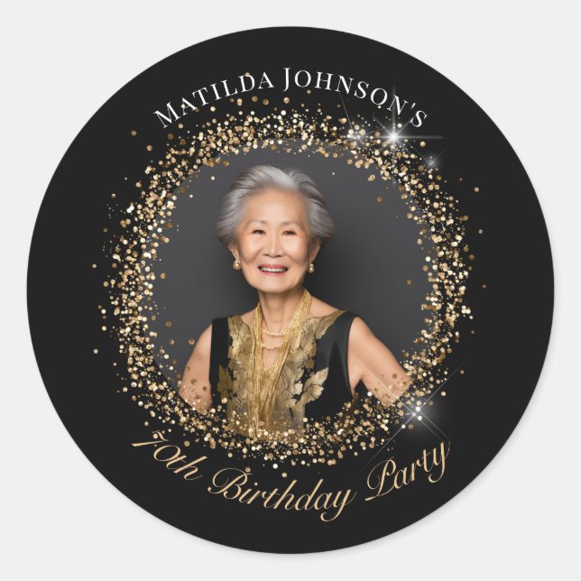 Glitter Black Gold 70th Birthday Party Classic Round Sticker (Front)