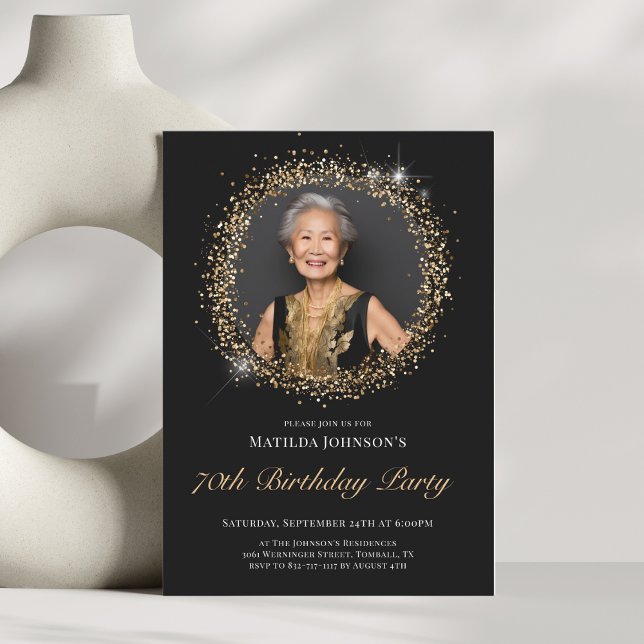 Glitter Black Gold 70th Birthday Party Invitation (Glitter Black Gold 70th Birthday Party Invitation)
