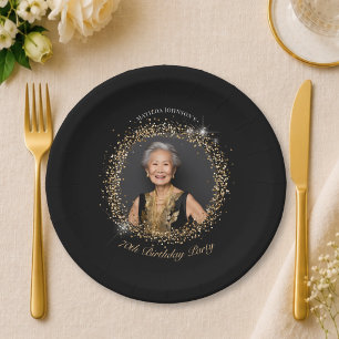 Glitter Black Gold 70th Birthday Party Paper Plate